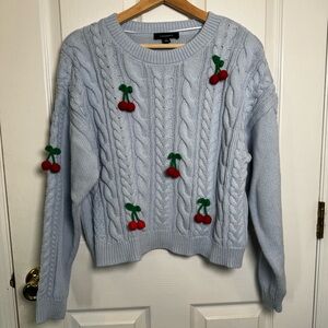 Calligraphie Cherry Cable Knit Sweater Blue 3D Embellished XL NWOT